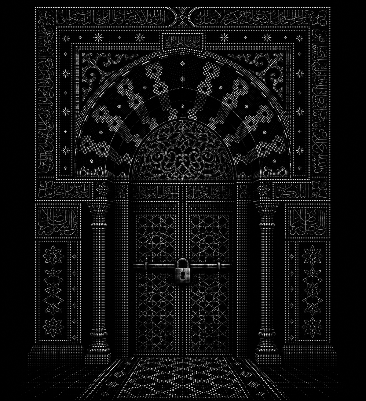 The mihrab of the Rawda rendered in white dots on black, its doors closed and padlocked