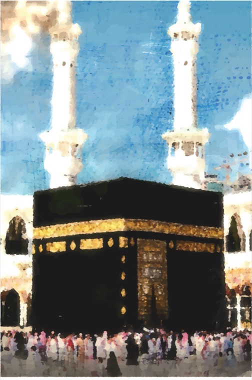 Close detail of the Soft wash Masjid Al Haram from the Haramayn Collection: the Kaʿba under a pale, washed sky.